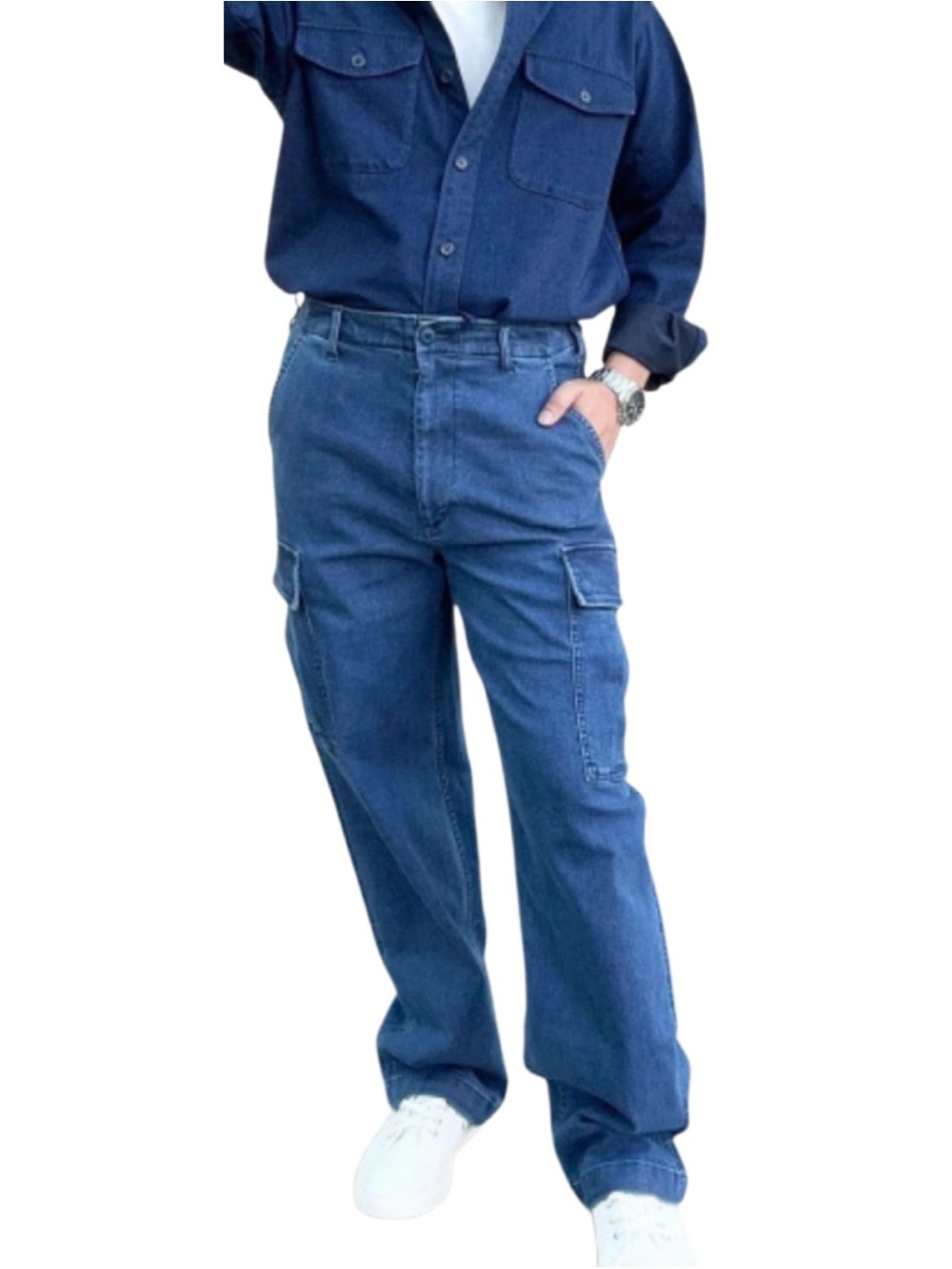 Uniqlo Mens Blue Denim Cargo Utility Pants Drawstring Inseam 29